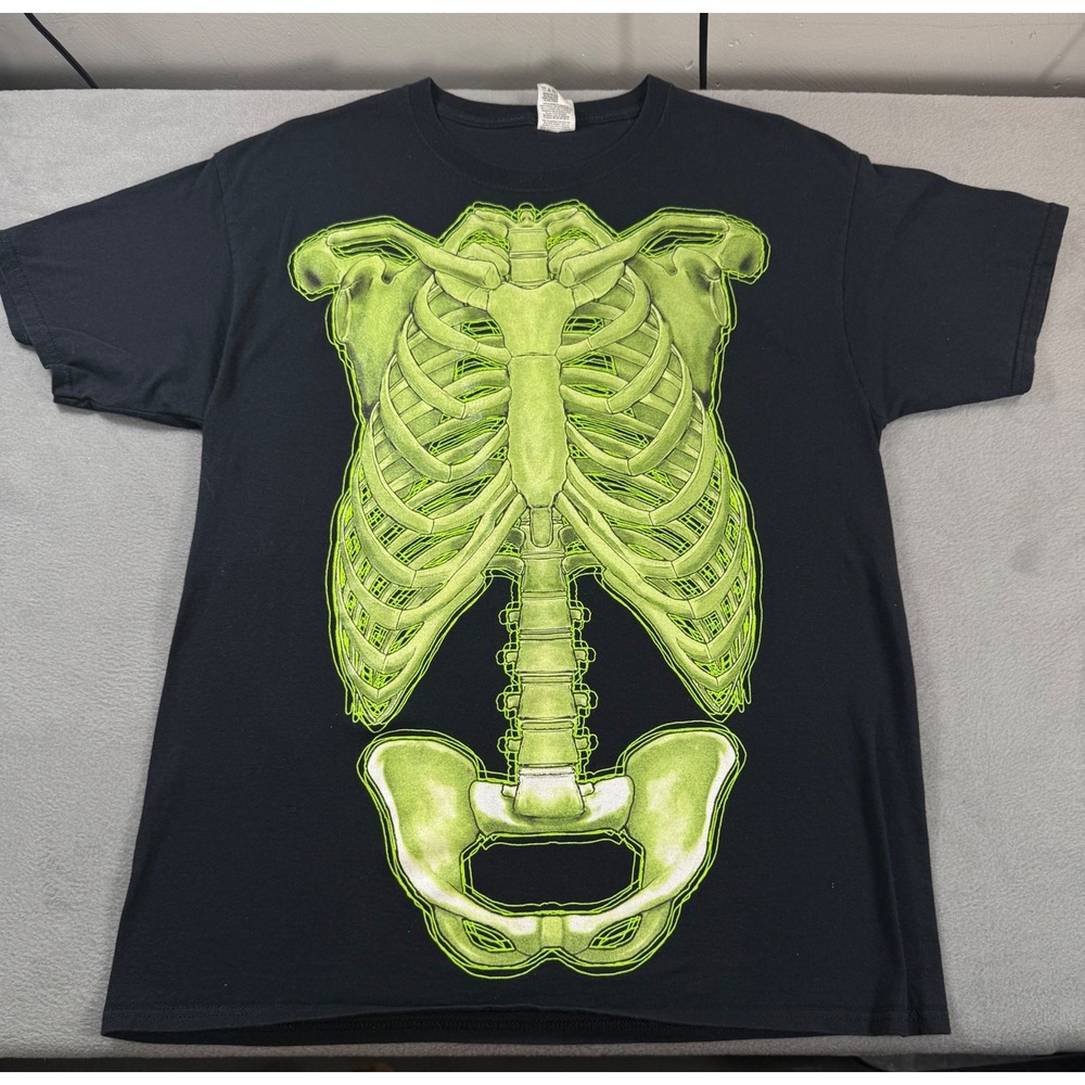 Fruit of the Loom Skeleton Rib Cage Glow in the Dark Halloween T Shirt L Black
